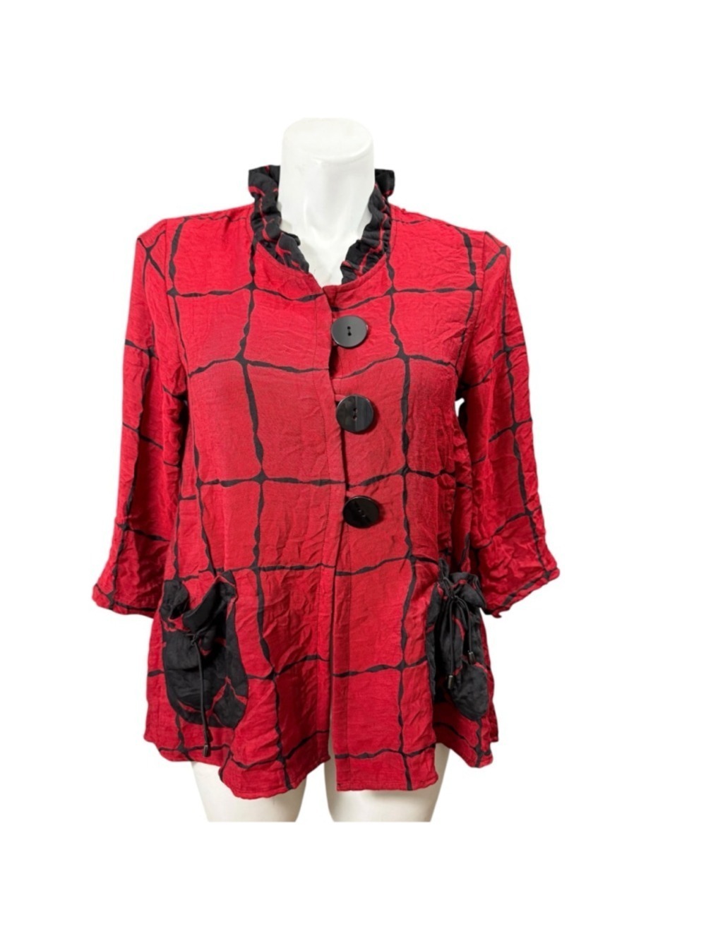 Ali Miles Textured Crinkle Jacket Women's Medium Red Black Button Front NWT